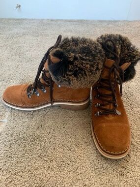 Sam Edelman Bowen Brown Leather Fur Lined Lace Up Boots